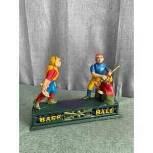 Vintage Cast Iron Baseball Mechanical Bank - Pitcher, Batter & Catcher Working